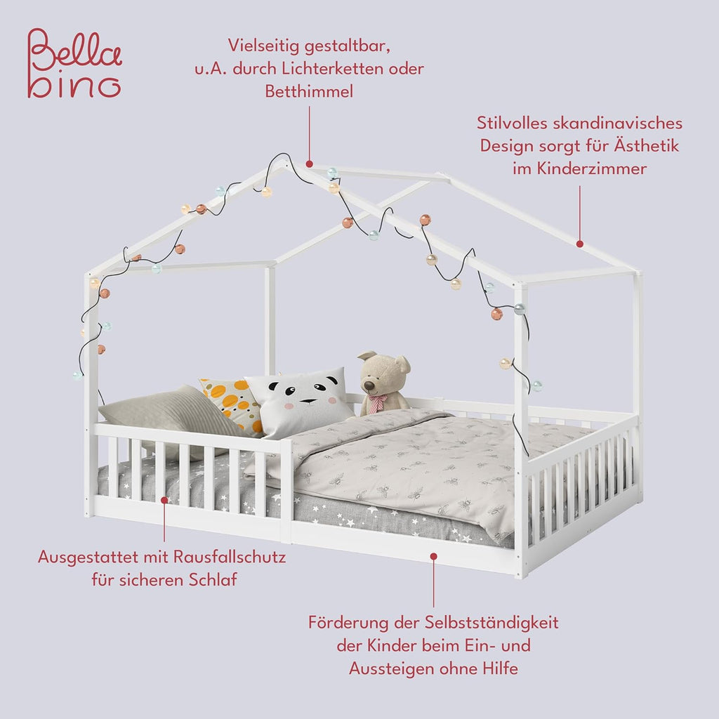 Bellabino Lettino per bambini Bia 140x200 cm, letto a capanna per bambini con protezione anticaduta e rete a doghe arrotolabile, letto a terra Montessori bianco in legno massello di pino