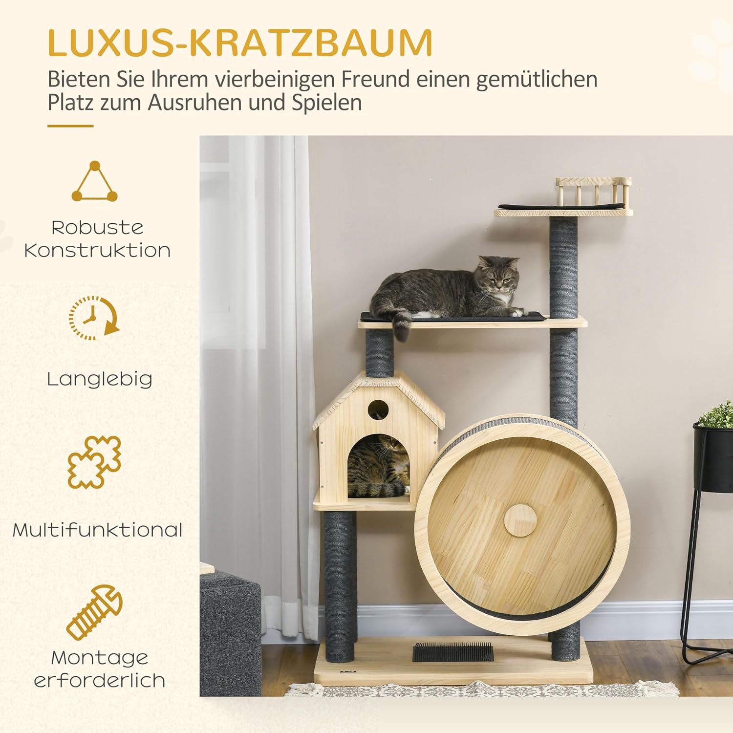 PawHut Katzenbaum mit Laufrad 4-Stock Kratzbaum Katzenhaus mit Sisalsäulen Katzenhöhle Kiefernholz Natur 80 x 50 x 143 cm