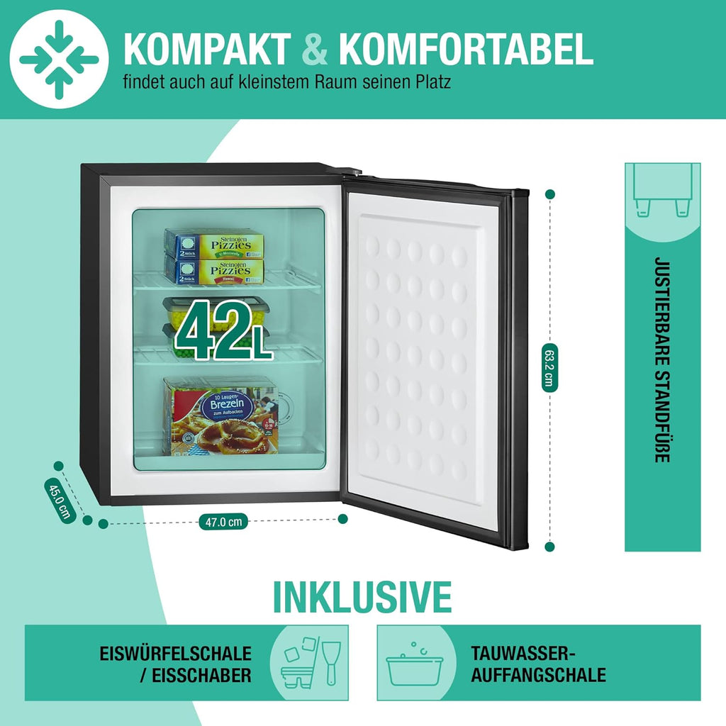 Bomann Gefrierschrank klein mit 42L Nutzinhalt | Mini Gefrierschrank mit 2 herausnehmbaren Gitterablagen | Gefrierschrank mit wechselbarem Türanschlag & stufenloser Temperaturreglung |GB 7236 schwarz
