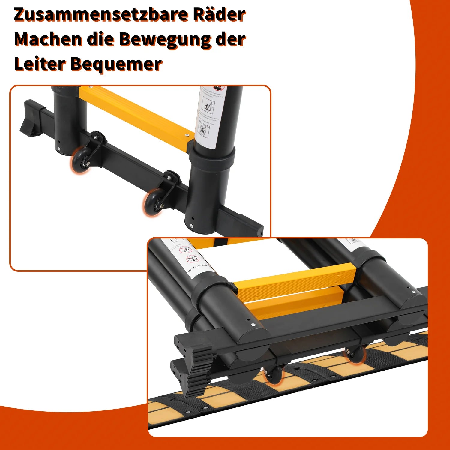 Sonnewelt 5M Alu Teleskopleiter Klappleiter mit Rdern und Dreiecksstabilisator Schwarz