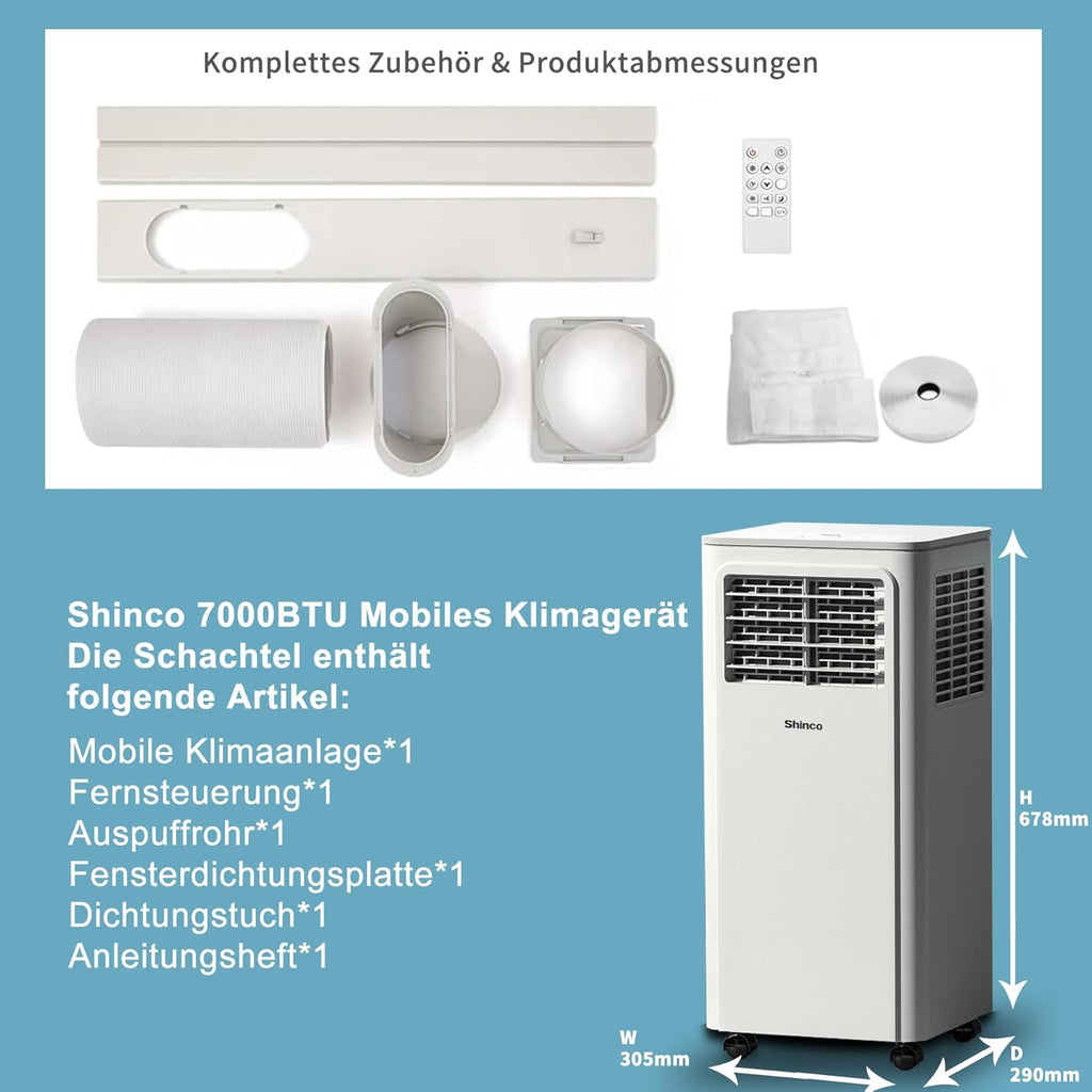 SHINCO Condizionatore Portatile con Tubo di Scarico, Climatizzatore 3-in-1 con Deumidificatore e Ventilatore, 7000BTU, 2,05 kW, Condizionatore Mobile con Modalità Notturna, Timer e Materiale di Montaggio, Ambienti Fino a 54m