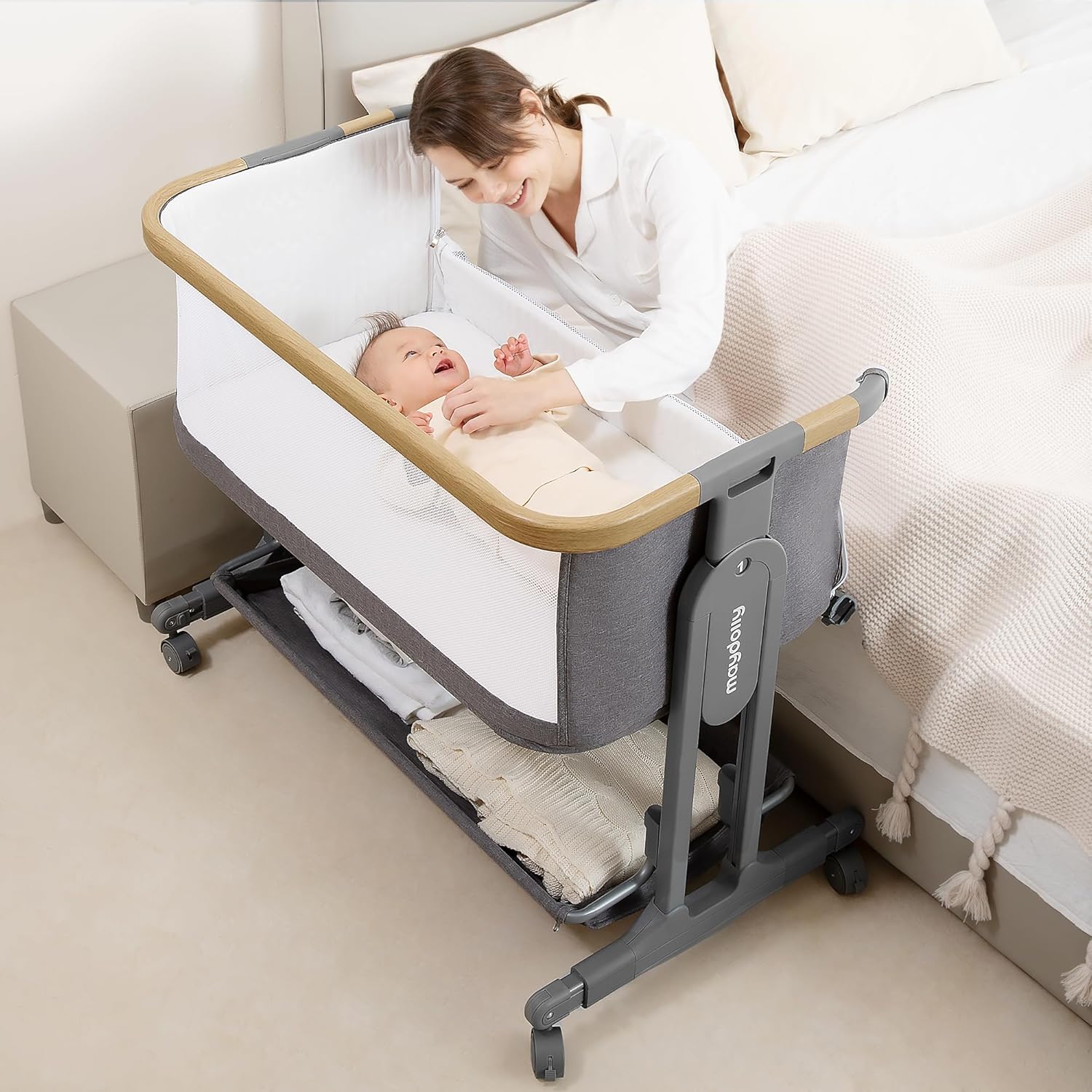 Maydolly Baby Beistellbett,3 in 1 Babybett mit Aufbewahrungskorb, Tragbare Krippe mit Rädern, Höhenverstellbar, Krippe mit Moskitonetz und Matratze für Säuglinge/Neugeborene,Grau