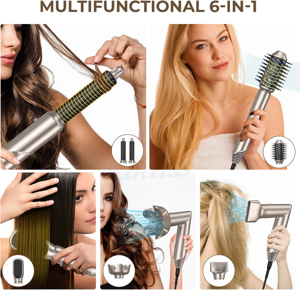 UKLISS 7 in 1 Pro Airstyler & Ionen Föhn [110,000RPM] High-speed Haartrockner Ionen Hair Dryer, mit Heißluft Lockenwickler Thermal Brush Haarglätterbürste Warmluftbürste Föhnbürste, 1200W/Blau