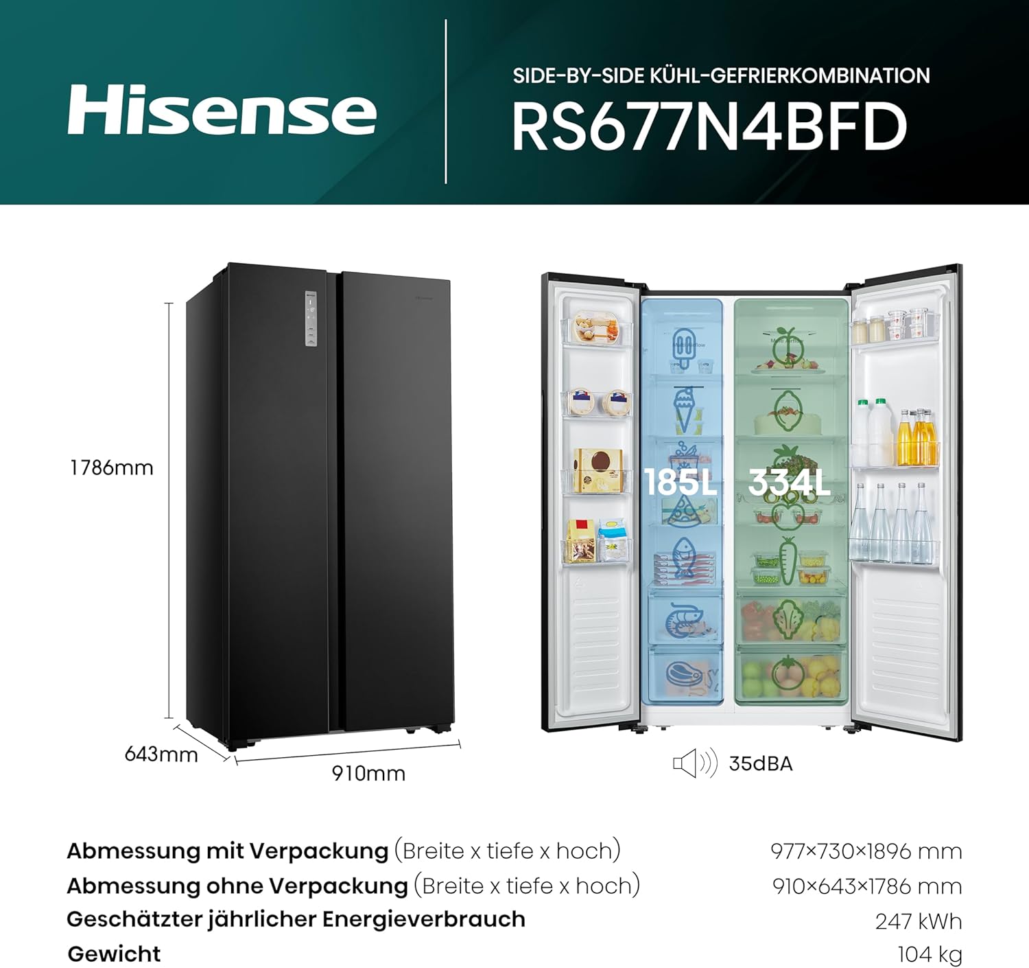 Hisense RS677N4BFD Frigorifero Americano Side by Side / Compressore Inverter / Porta Bottiglie / 2 FreshZone / Vano Verdure / Capacità Frigo 334 L / Capacità Congelatore 185 L / 41 dB / 247 kWh all'anno, Nero
