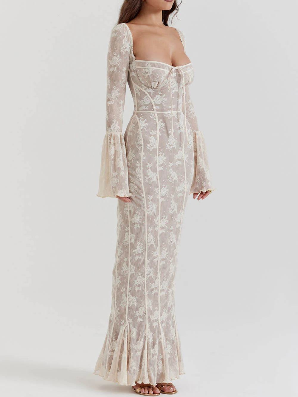 Vintage creme kanten maxi-jurk