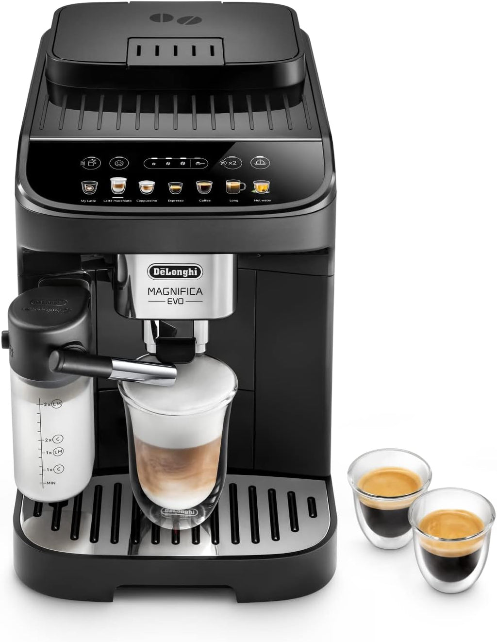 De'Longhi Magnifica Evo ECAM 292.81.B Macchina da caffè automatica con sistema LatteCrema per il latte, 7 tasti a selezione diretta per cappuccino, espresso e altre specialità di caffè, funzione 2 tazze, nero