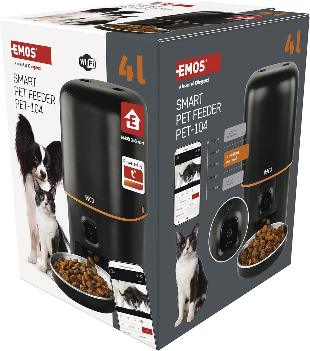 EMOS - GoSmart Futterautomat 6 l mit Kamera - WLAN Pet Care Futterspender mit App - Trockenfutter Automat für Katze & Hund mit Zeitplan, Sprachaufzeichnung, Dosierung 1–12 Mahlzeiten pro Tag - Schwarz