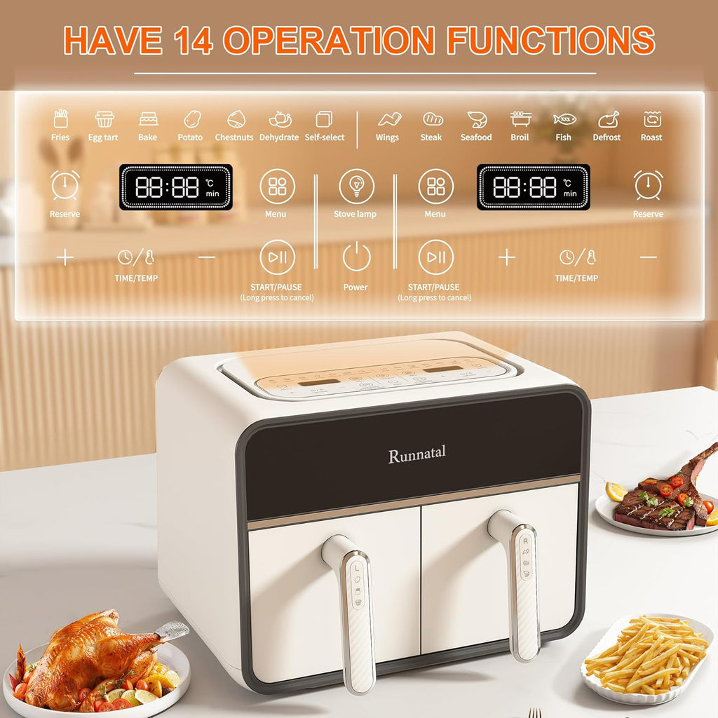 Runnatal Dual Zone Heißluftfritteuse mit Sichtfenster, 8L Airfryer, 2100W, 2 Fächer, 14-in-1 Doppelkammer Heißluftfritteuse Mit Vegetarier und Fleischtöpfen, 2 kammern Airfryer, Antihaftbeschichtung