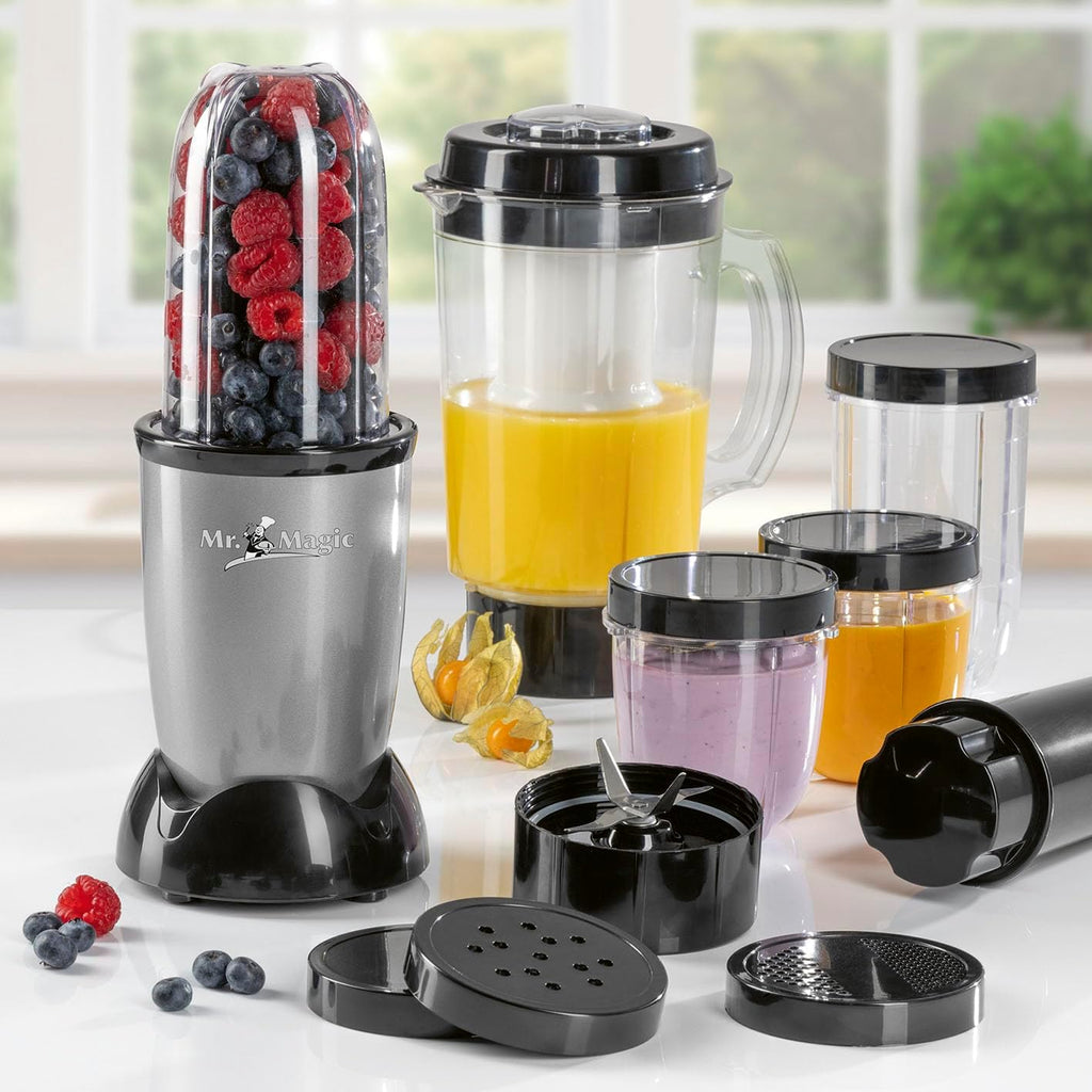 GOURMETmaxx Frullatore per Smoothie e Frullatore a Immersione Set da 18 pezzi - 400W | Frullatore Elettrico da 750ml, Mixer con 4 Bicchiere To-Go, 2 Lame, Spremiagrumi, Piedistallo e Coperchio | Lavabile in Lavastoviglie, a Prova di Perdite e Senza BPA