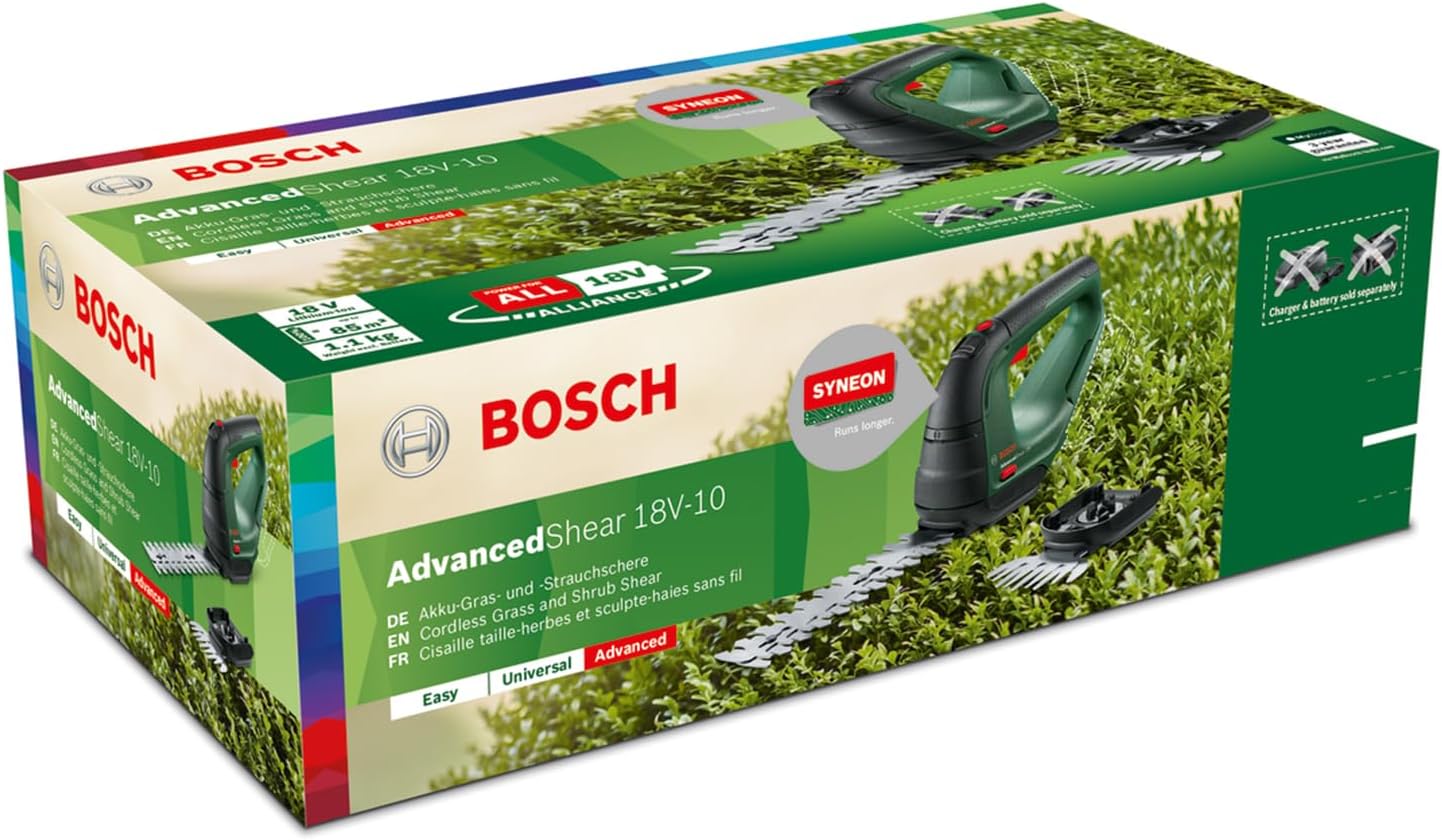 Bosch Akku Grasschere AdvancedShear 18V-10 (1 Akku 2,0 Ah, 18-Volt-System, schneidet bis zu 85 m pro Akkuladung, mit Strauch- und Grasscherenmesser, im Karton)