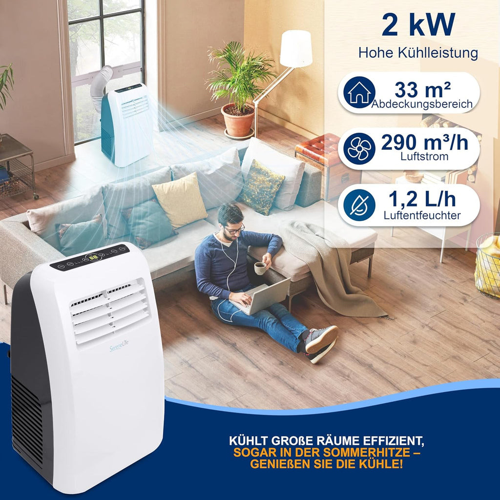 SereneLife Climatizzatore portatile, dispositivo di raffreddamento ad aria mobile 3 in 1 con tubo di scarico - Refrigeratore ad aria, deumidificatore e ventilatore, climatizzatore 9.000 BTU, 1,5 L umidità/ora, raffredda ambienti fino a 42 m