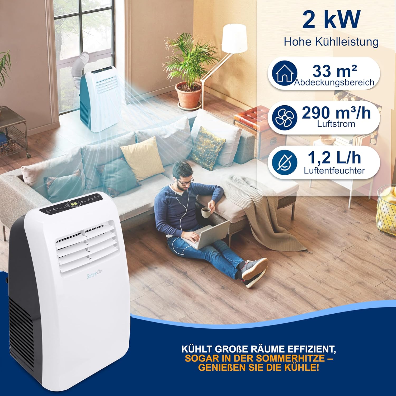 SereneLife Climatizzatore portatile, dispositivo di raffreddamento ad aria mobile 3 in 1 con tubo di scarico - Refrigeratore ad aria, deumidificatore e ventilatore, climatizzatore 9.000 BTU, 1,5 L umidità/ora, raffredda ambienti fino a 42 m