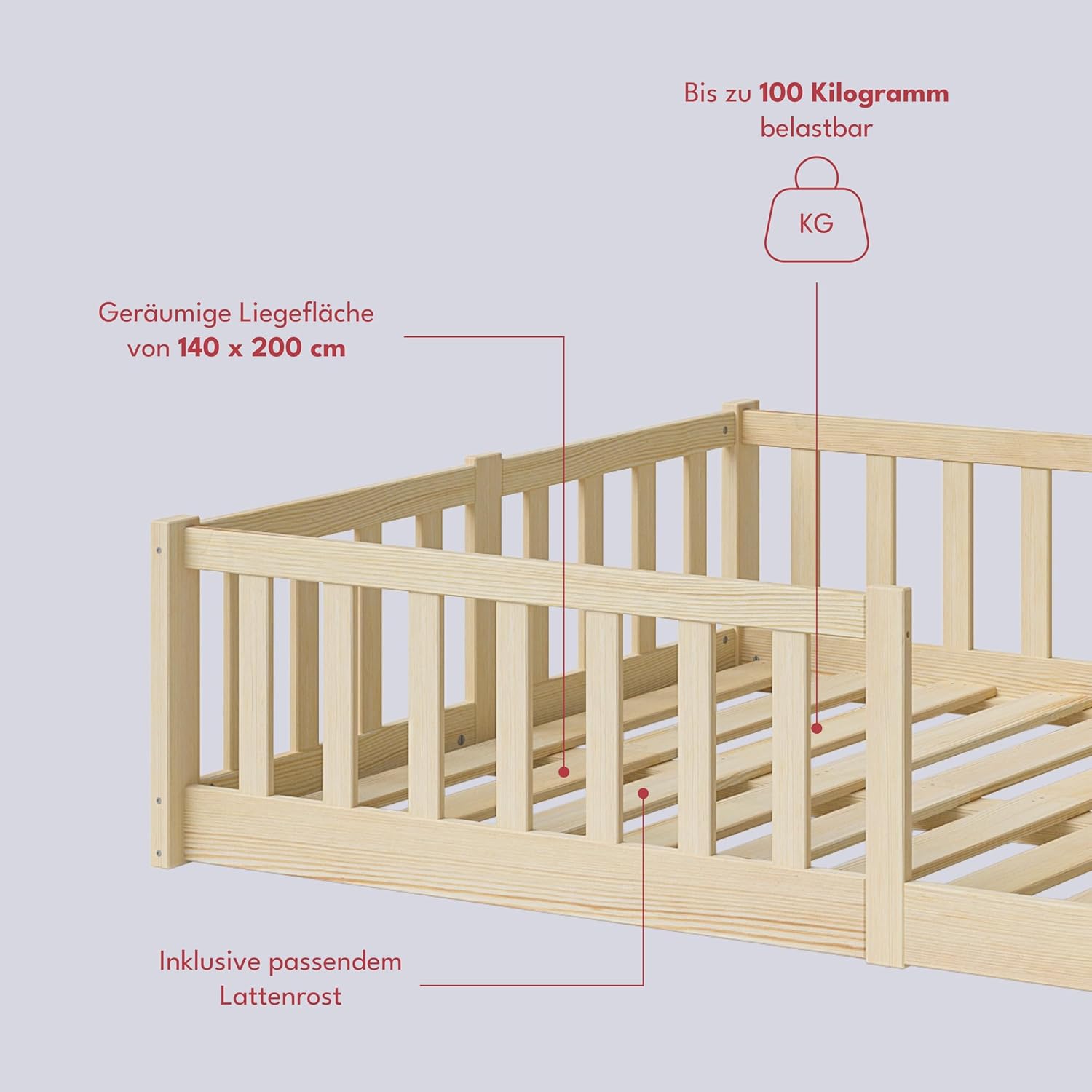 Bellabino Vere Letto a Pavimento 140x200 Montessori, Letto Matrimoniale con Protezione Anticaduta e Rete a Doghe, Letto per Bambini e Bambine in Legno Massello di Pino Bianco con Sbarre