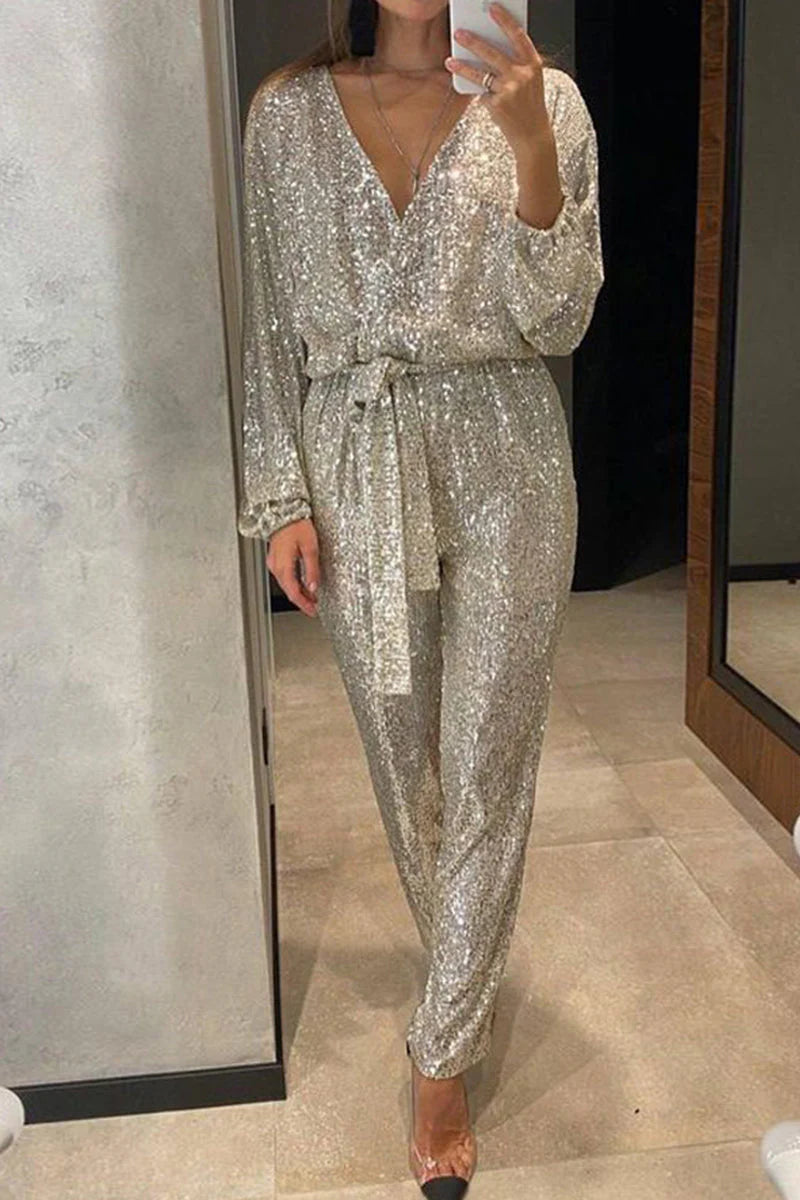 Lozenda - Tuta da donna con scollo a V e paillettes