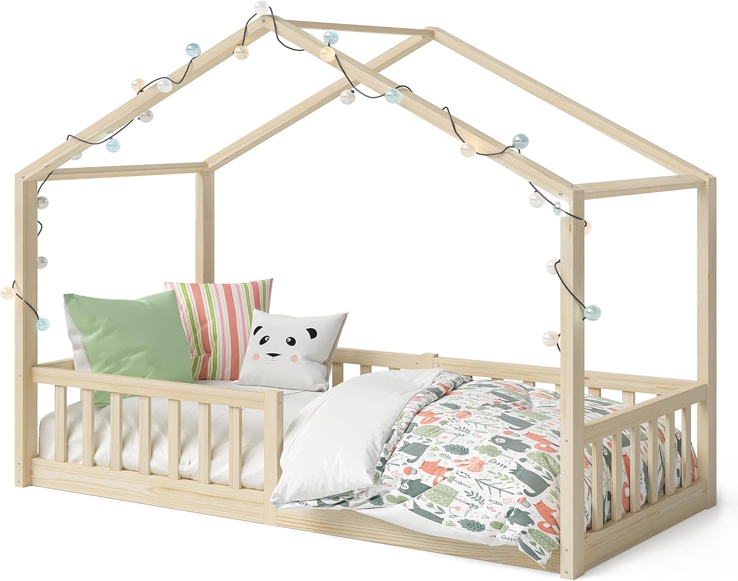 Bellabino Lettino per bambini Bia 140x200 cm, letto a capanna per bambini con protezione anticaduta e rete a doghe arrotolabile, letto a terra Montessori bianco in legno massello di pino