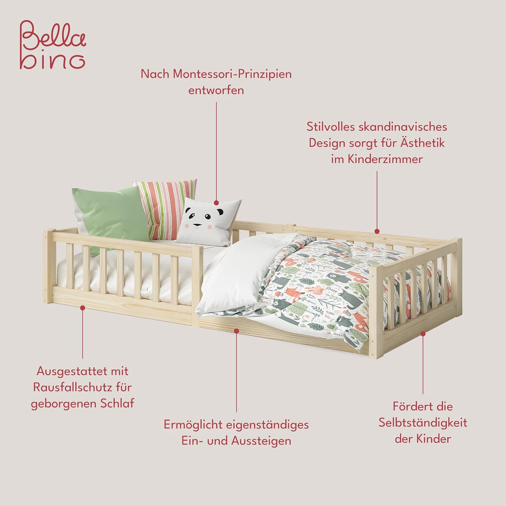 Bellabino Vere Letto a Pavimento 140x200 Montessori, Letto Matrimoniale con Protezione Anticaduta e Rete a Doghe, Letto per Bambini e Bambine in Legno Massello di Pino Bianco con Sbarre