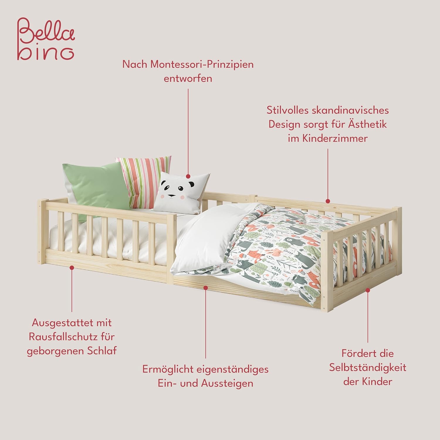 Bellabino Vere Letto a Pavimento 140x200 Montessori, Letto Matrimoniale con Protezione Anticaduta e Rete a Doghe, Letto per Bambini e Bambine in Legno Massello di Pino Bianco con Sbarre