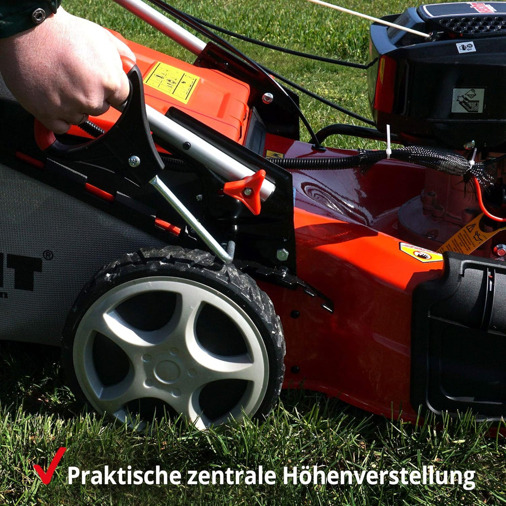 HECHT Rasaerba a benzina 5 in 1 – potente motore ecologico 4 tempi da 4,4 kW (6,0 CV) – avviamento elettrico – larghezza di taglio 53 cm – cesto di raccolta 75 l – trazione sulle ruote – ruote brevettate – tosaerba mulching
