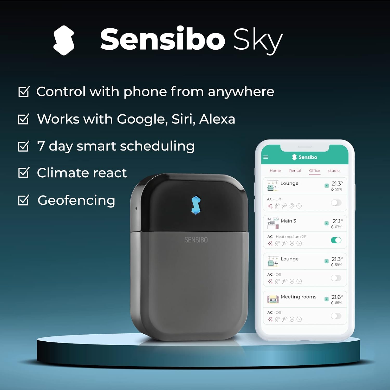 Sensibo Sky, controllo wireless e intelligente per condizionatori. Installazione fai da te facile e veloce. Comfort grazie all'app di controllo del termostato ad alta efficienza energetica. Compatibile con Google, Alexa e Siri