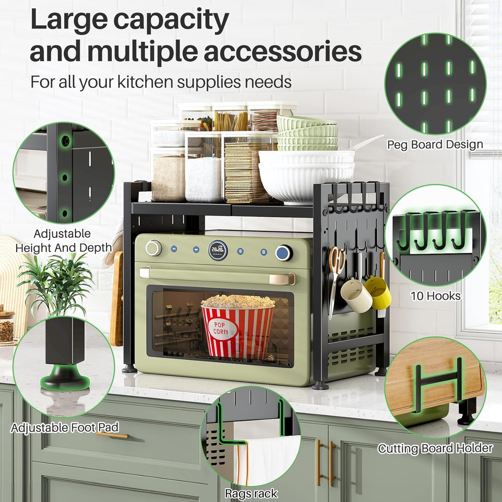 SAYZH Mikrowellen Regal, 3-stufiges Erweiterbares mikrowelle Regal Mikrowellenregal Organizer Küche mit 10 Haken, Flexibel Ausziehbar von 40-70cm, Stufiges Küchenregal mikrowellenstnder, Schwarz