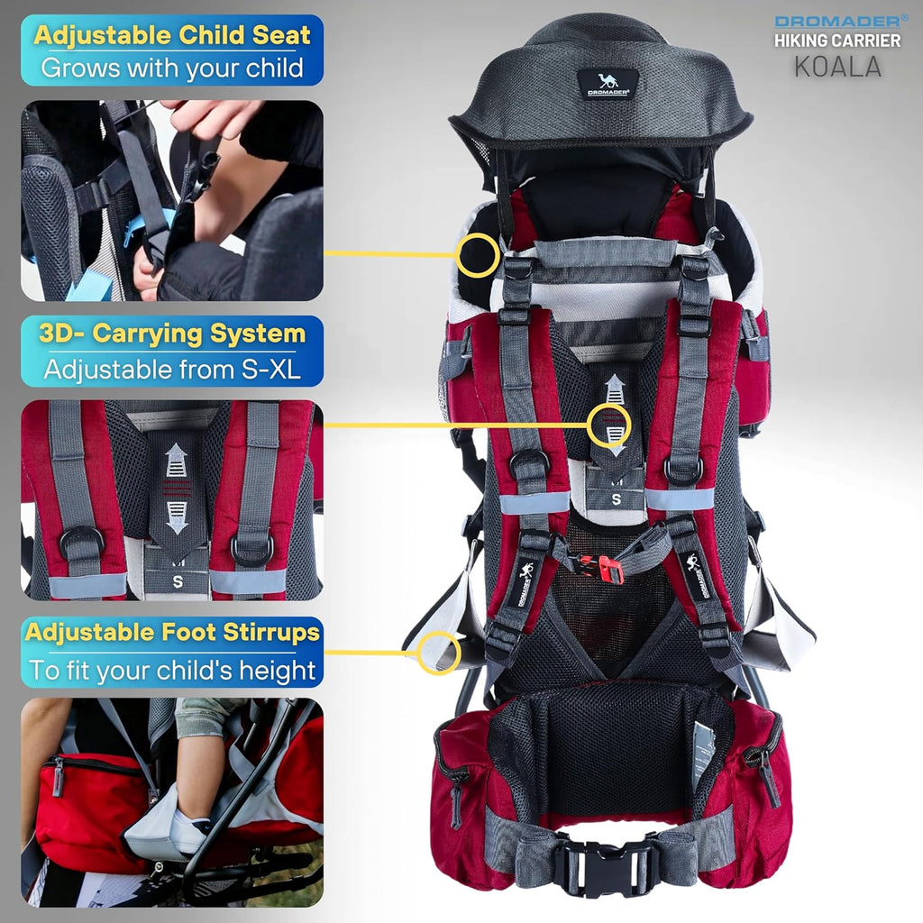 Dromader Kraxe Kindertrage bis 22kg – Kindertrage Wandern mit Sonnendach, Regenschutz, Thermotasche, Wickelmatte – Einhändig klappbare Rahmen – Blau