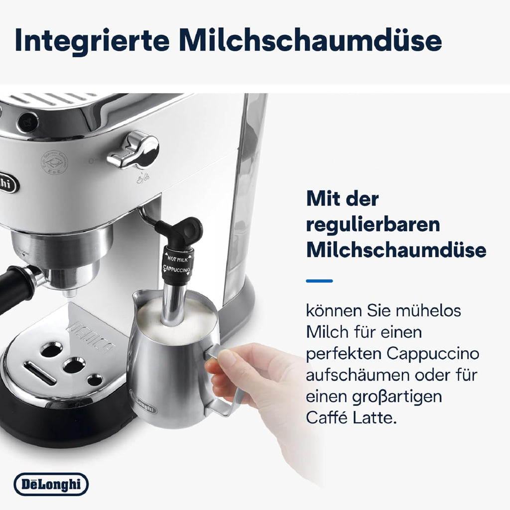 De'Longhi Dedica Style EC 685.M – Macchina da caffè espresso con portafiltro, con montalatte professionale, larga solo 15 cm, per caffè in polvere o cialde ESE, serbatoio dell'acqua da 1 l, argento