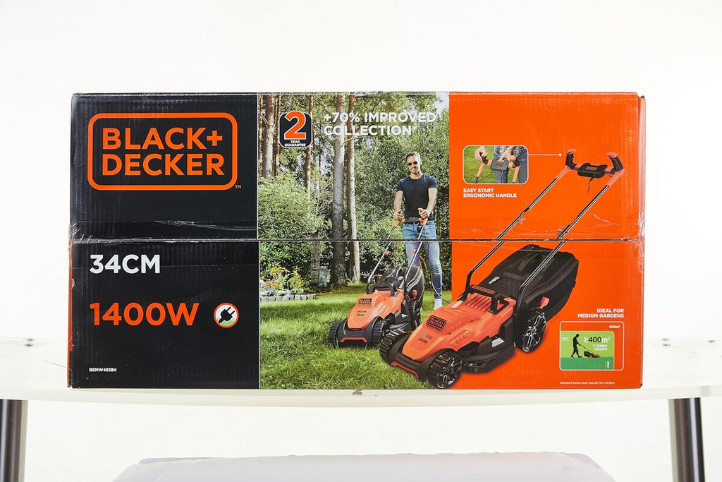 Black+Decker Tagliaerba Elettrico con Impugnatura a Manubrio BEMW461BH (1.400W, Larghezza di Taglio 34cm, 6 Altezze di Taglio, Cesto di Raccolta da 40l, Ideale per Giardini di Medie Dimensioni)