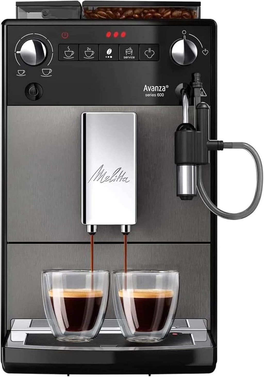 Melitta Avanza - Kaffeevollautomat mit Milchsystem, Kaffeemaschine mit Mahlwerk und extragroßem Wassertank (1,5 l) für z. B. Cappuccino oder Espresso, mystic titan
