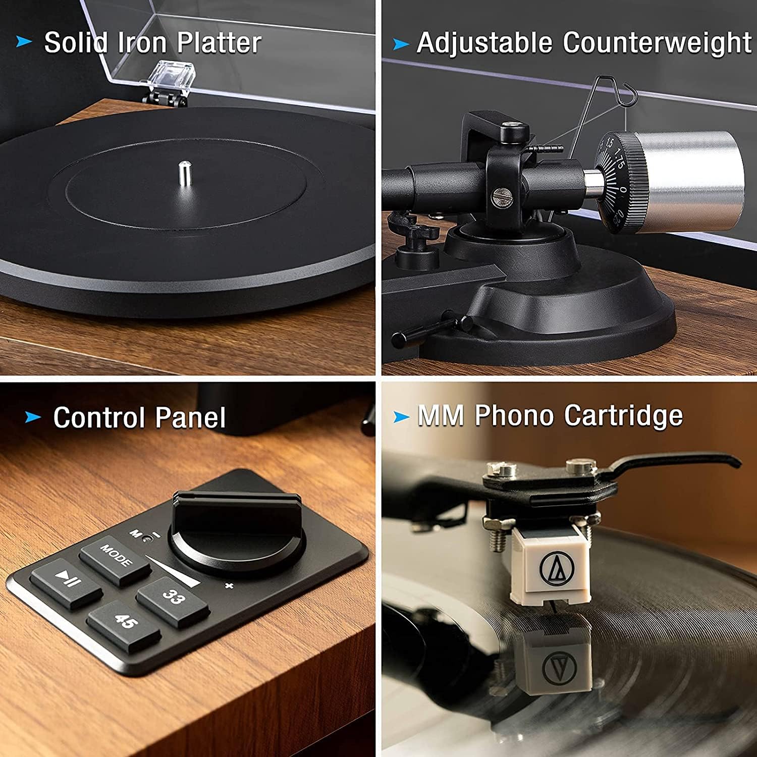1 by ONE Plattenspieler mit Integrierten Lautsprechern Bluetooth 33/45 U/min Riemenantrieb MM Vinyl Record Player mit Auto-Stopp Funktion Phono-Vorverstrker