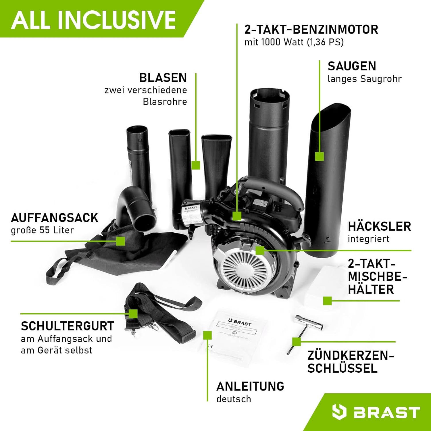 BRAST® Aspiratore Soffiatore per Foglie a Benzina 1,0kW(1,36PS) | Sacco di Raccolta da 55L | incl. 2 Tubi Soffiatori, Tracolla & Impugnatura Anti-Vibrazione | Funzione 4in1 | Velocità di Soffiatura 73 m/s
