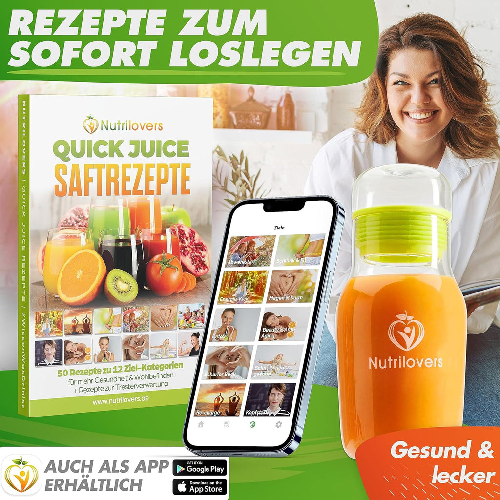 Nutrilovers *Vincitore del test* QUICK-JUICER Centrifuga in acciaio inox per frutta e verdura I Imboccatura XXL per spremere frutta intera, 800W, 2 velocità, senza BPA incl. borraccia + libro di ricette e app