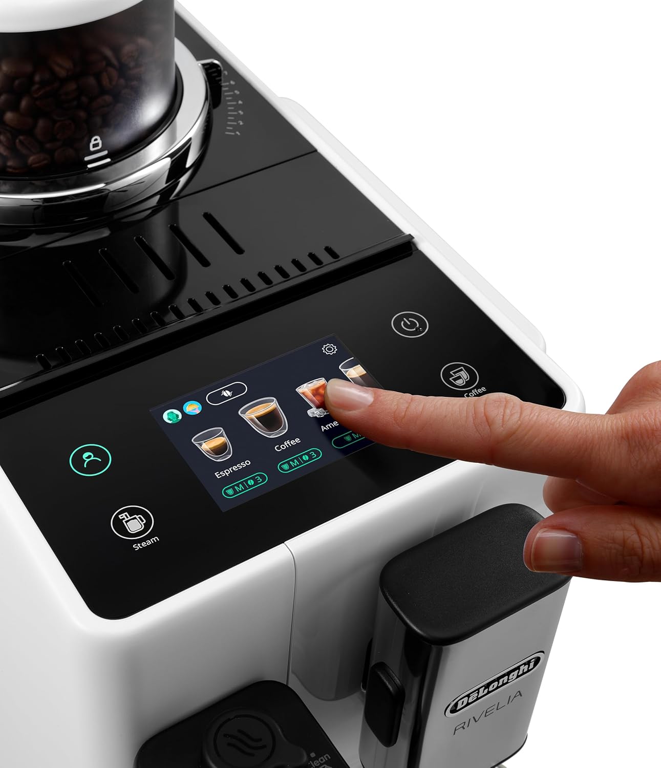De'Longhi Rivelia EXAM440.35.BG Macchina da caffè automatica con lancia vapore, contenitore chicchi intercambiabile, 8 bevande a base di caffè one-touch, funzione Extra Shot, display touch da 3,5 pollici, Beige
