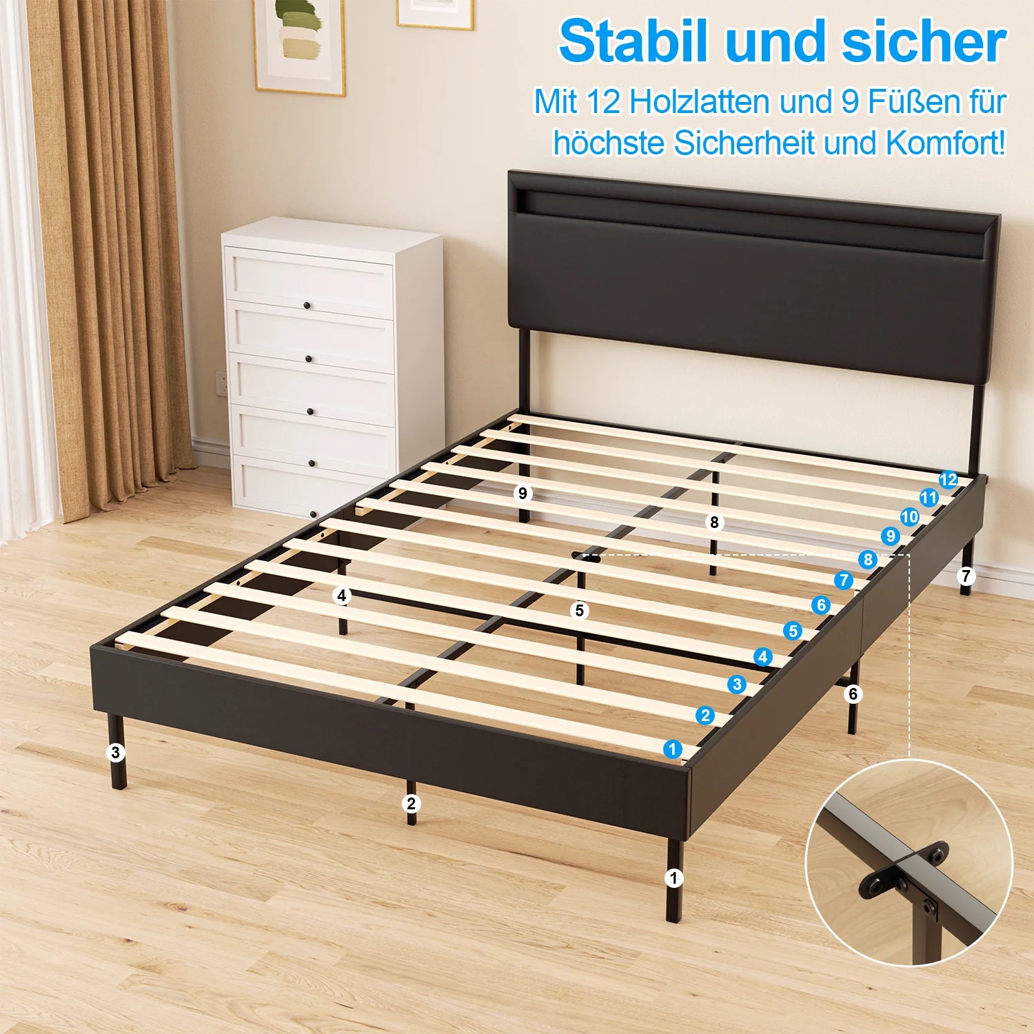 Sonnewelt Polsterbett Bettgestell mit Kopfteil Leder LED-Beleuchtung