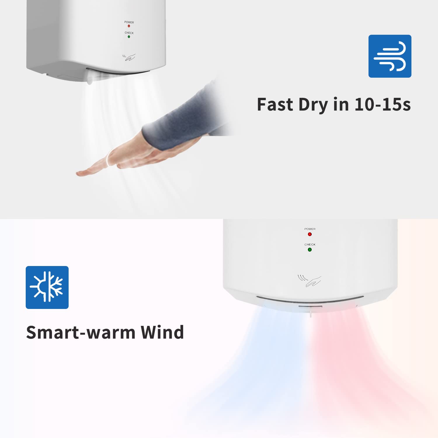 AIKE Hndetrockner 10 Sekunden Trocknen Energiesparend Kommerziell Elektrischer Hndetrockner Automatisch für Küche Badezimmer Toilette AK2630S 220V 1400W Silber