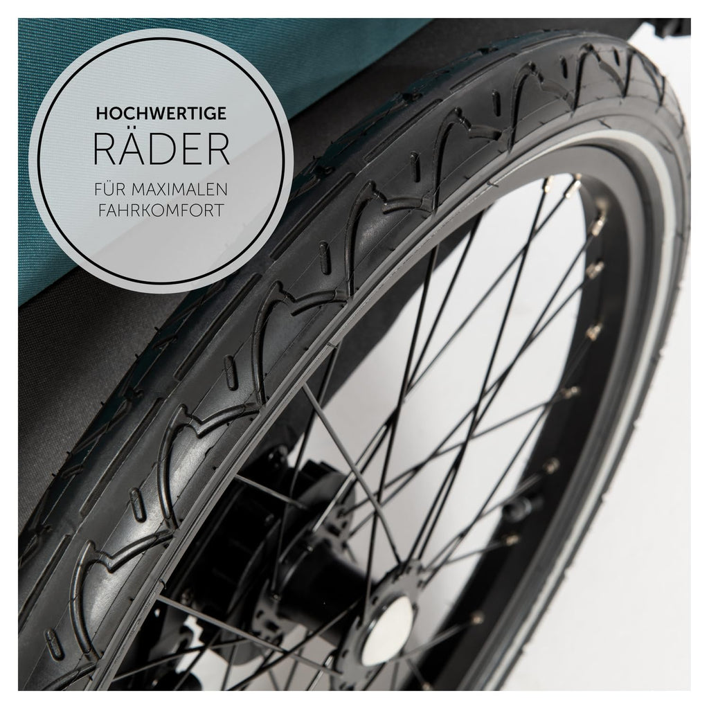 hauck Fahrradanhänger & Kinderwagen Dryk Duo Plus mit Federung, für 2 Kinder (6-48 Monate), inkl. Deichsel, Buggyrad, Fahne und LED Licht, Faltbar, Höhenverstellbar, XL Kofferaum (Dark Green)