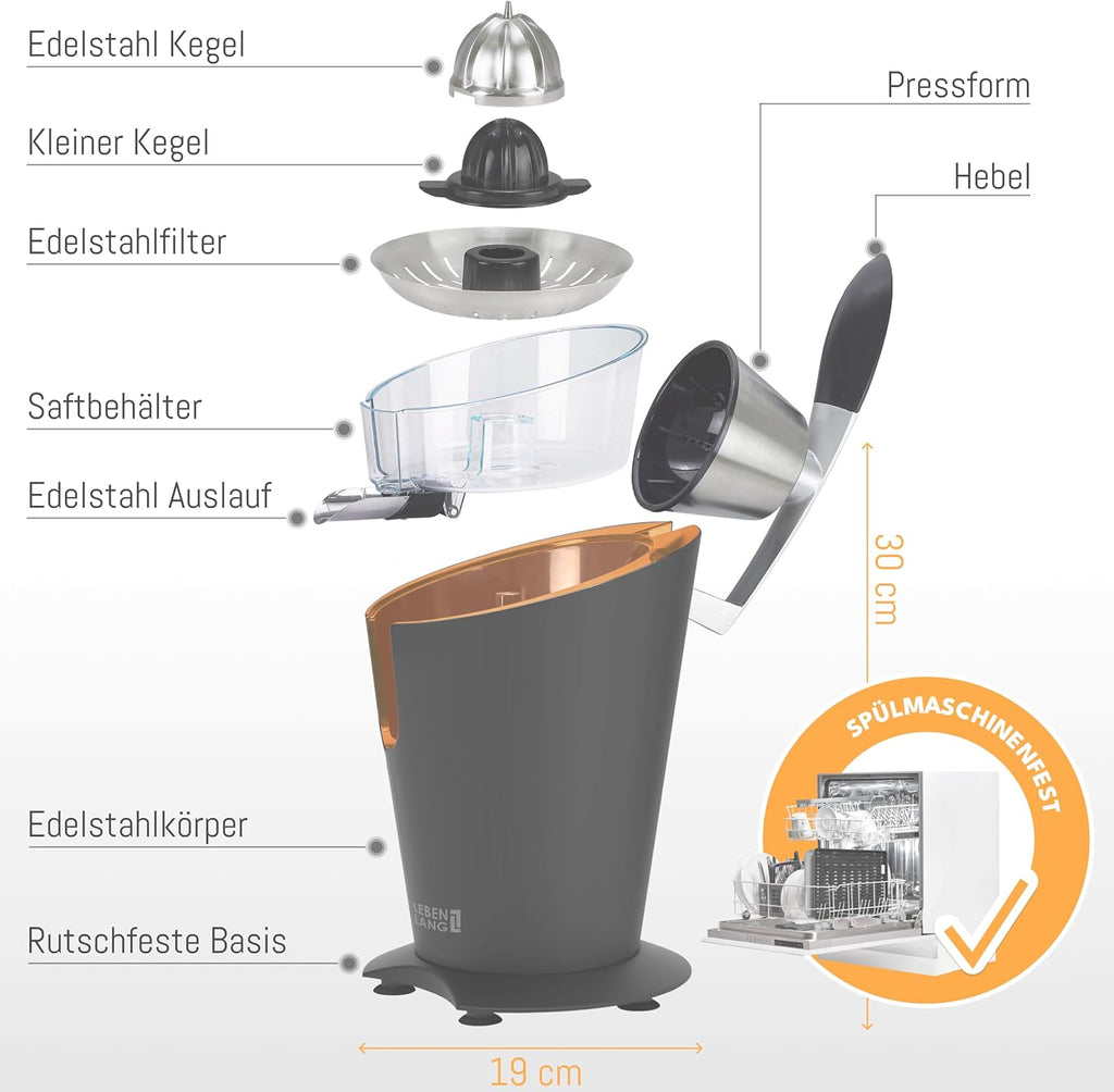 LEBENLANG Spremiagrumi elettrico 600W - Incl. cono in acciaio inox & senza BPA I Alta resa I Spremiagrumi Spremiagrumi Elettrico Spremi Limoni Spremi Melograno I Spremiagrumi Arance Spremi Limoni