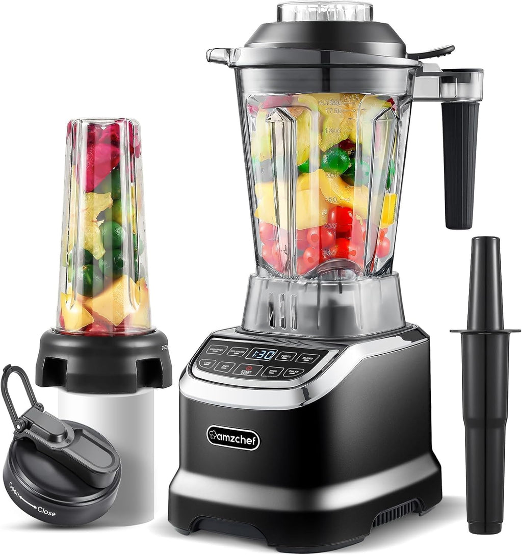 AMZCHEF Frullatore Professionale 2 IN1 con Contenitori da 1850 ml e 600 ml per Due Modalità di Frullatura | Frullatore da Tavolo 2000 Watt con 6 Lame Professionali e 22000 Giri/Min - Grigio Opaco