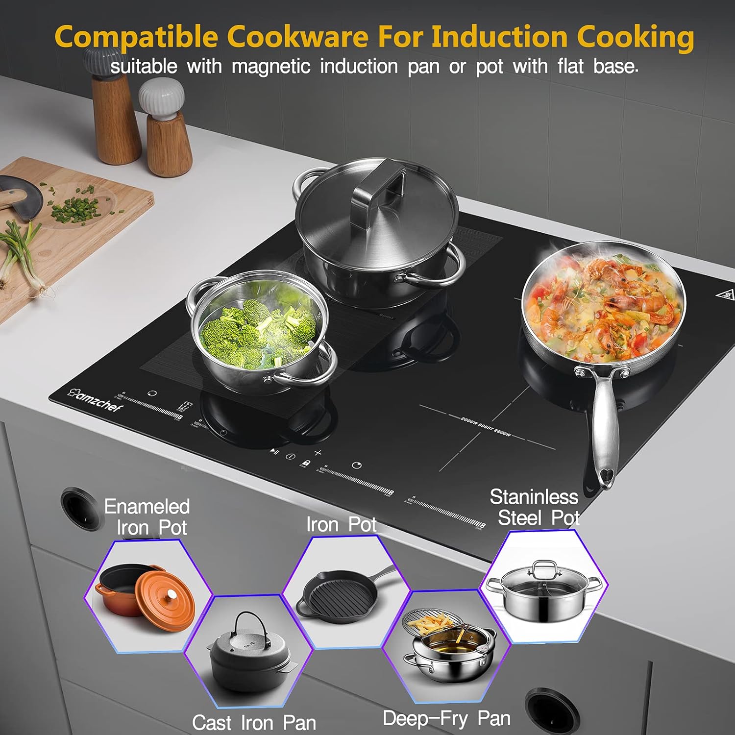AMZCHEF Piano cottura a induzione con due zone flessibili, piano cottura a induzione a 4 zone con funzionamento silenzioso (42 dB), 9 livelli di potenza e Booster - Funzione BBQ, funzione Pausa e Mantieni caldo, 7400 W