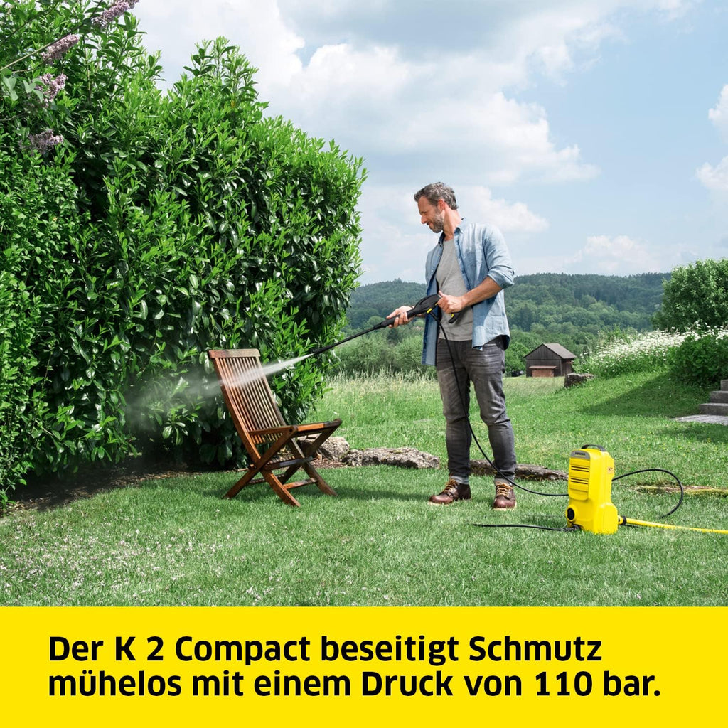 Idropulitrice Kärcher K Mini, leggera e compatta, pressione: max. 110 bar, portata: 360 l/h, superficie: 20 m²/h, peso: 3,93 kg, pistola ad alta pressione, ugello rotante mangia-sporco, lancia, filtro dell'acqua, nero, giallo