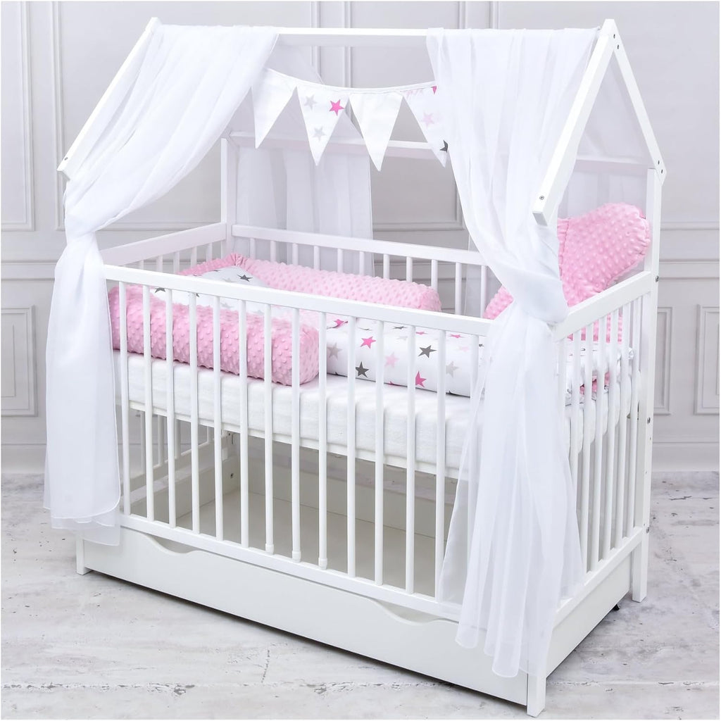 Baby Delux Lettino per Bambini Set Completo Casetta 60x120 cm Bianco con Cassetto Sponda Paracolpi Materasso Biancheria da Letto Set Decorativo (Stelle del Principe)