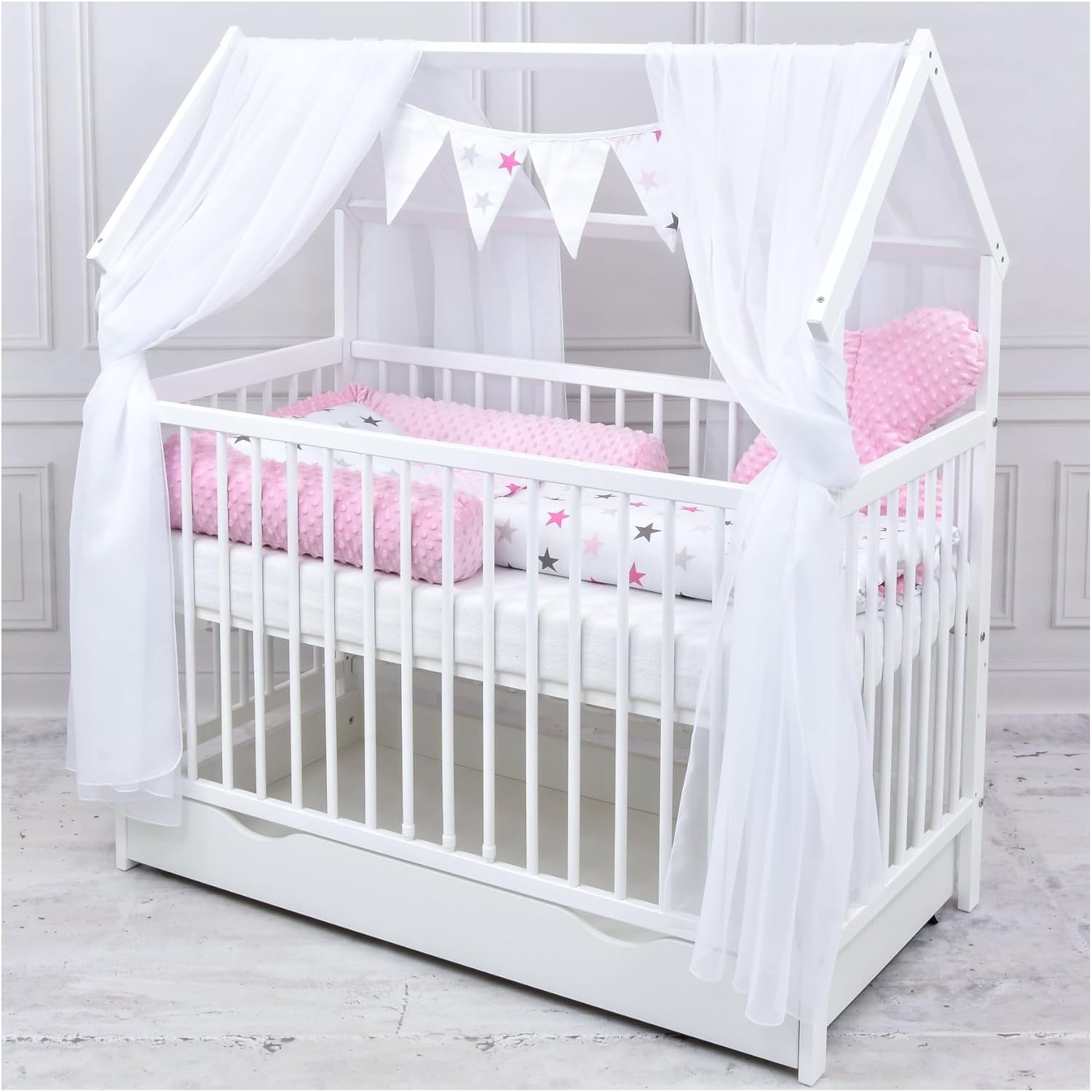 Baby Delux Lettino per Bambini Set Completo Casetta 60x120 cm Bianco con Cassetto Sponda Paracolpi Materasso Biancheria da Letto Set Decorativo (Stelle del Principe)