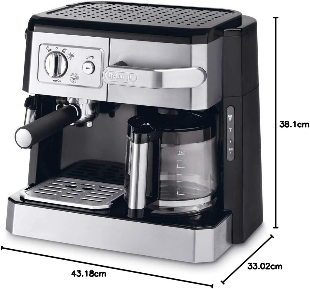 De'Longhi Macchina da Caffè Combinata BCO 421.S – Macchina da caffè con portafiltro per espresso e funzione caffè filtro, inclusa lancia vapore, caraffa in vetro e sistema di filtraggio dell'acqua, 1 l, Acciaio inox/Nero, singola
