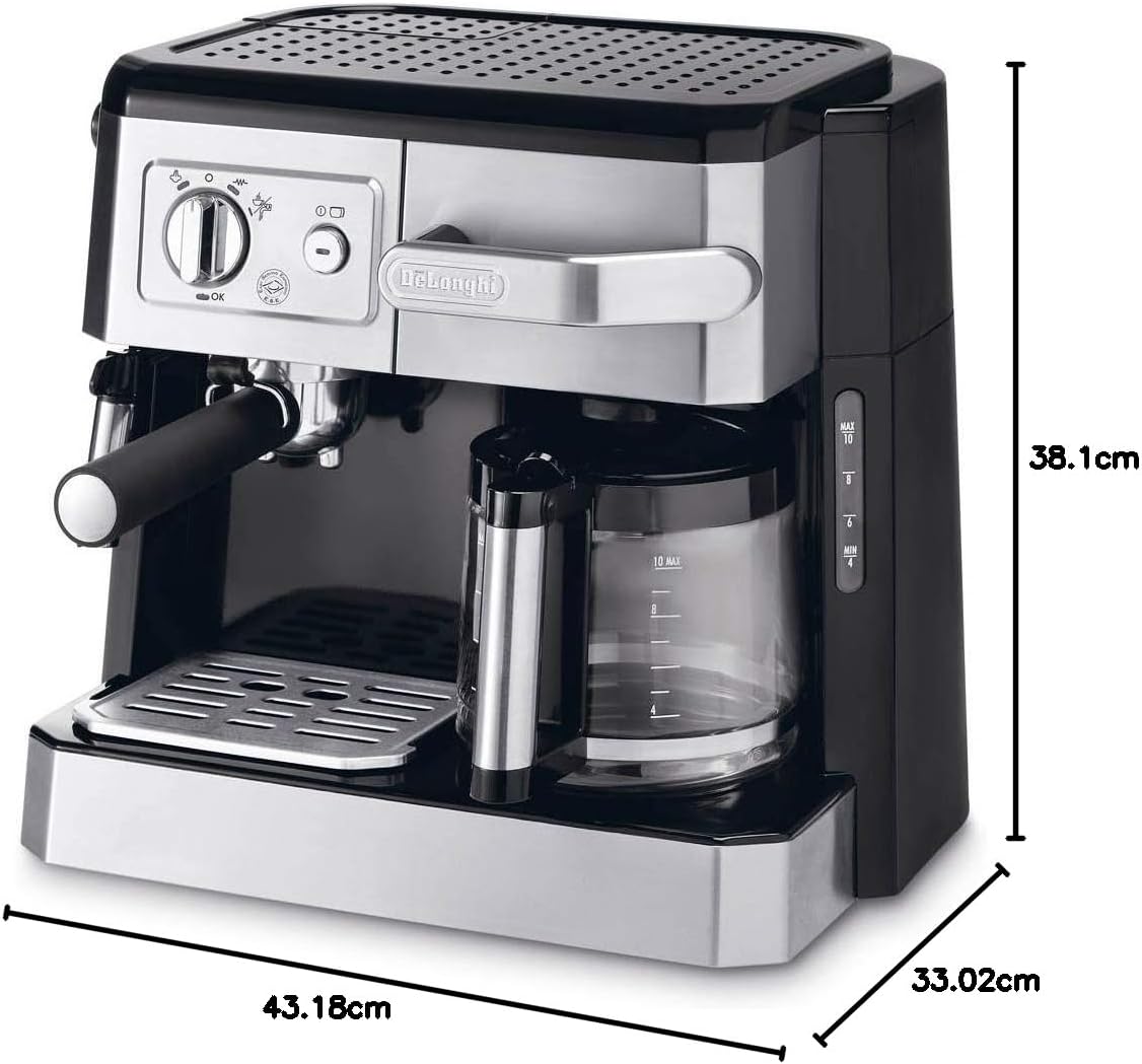 De'Longhi Macchina da Caffè Combinata BCO 421.S – Macchina da caffè con portafiltro per espresso e funzione caffè filtro, inclusa lancia vapore, caraffa in vetro e sistema di filtraggio dell'acqua, 1 l, Acciaio inox/Nero, singola