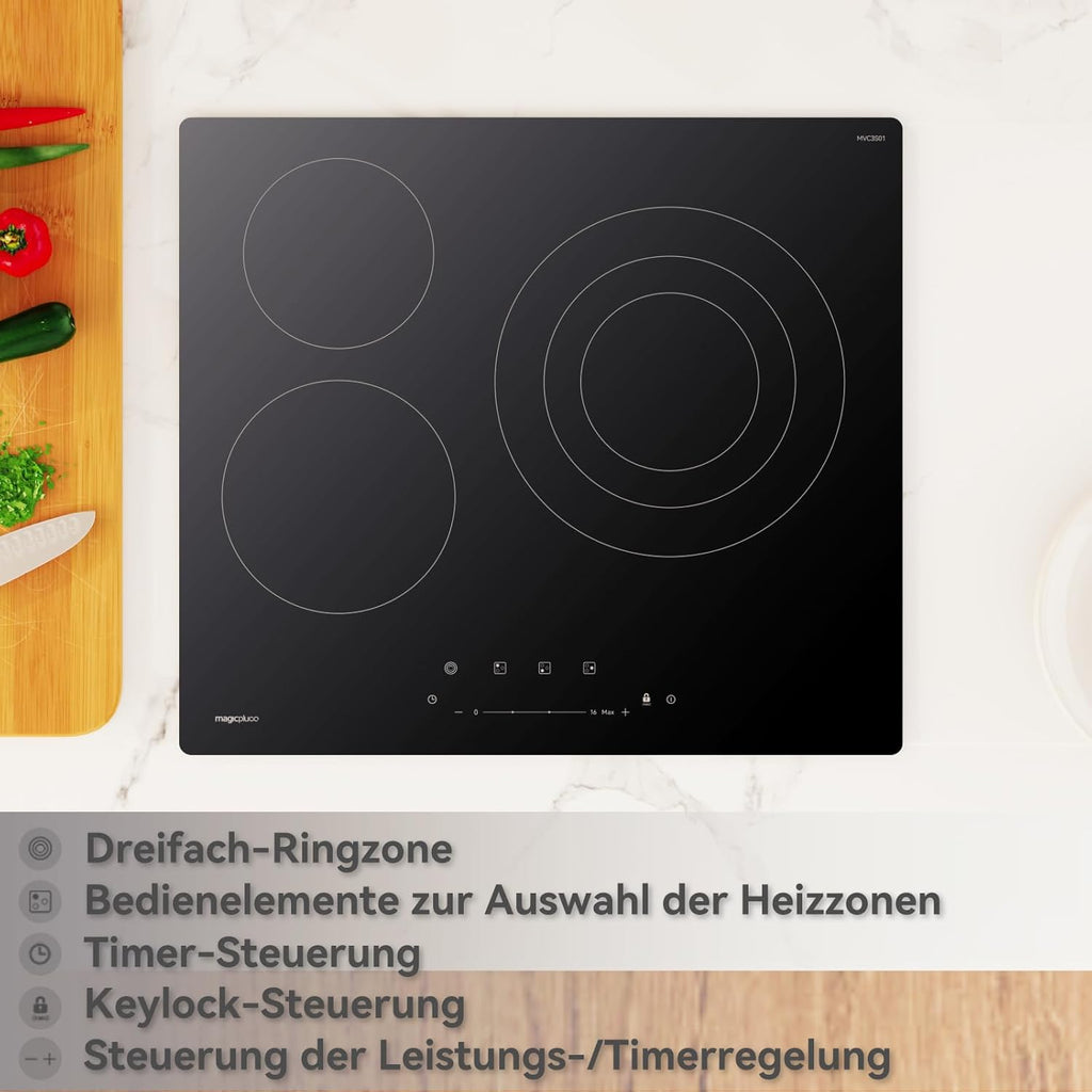 Piano cottura a induzione magicplux 60 cm, 4 zone di cottura a induzione con due zone flessibili, 9 livelli di potenza e funzione booster, timer 1-99 minuti, 7200 W