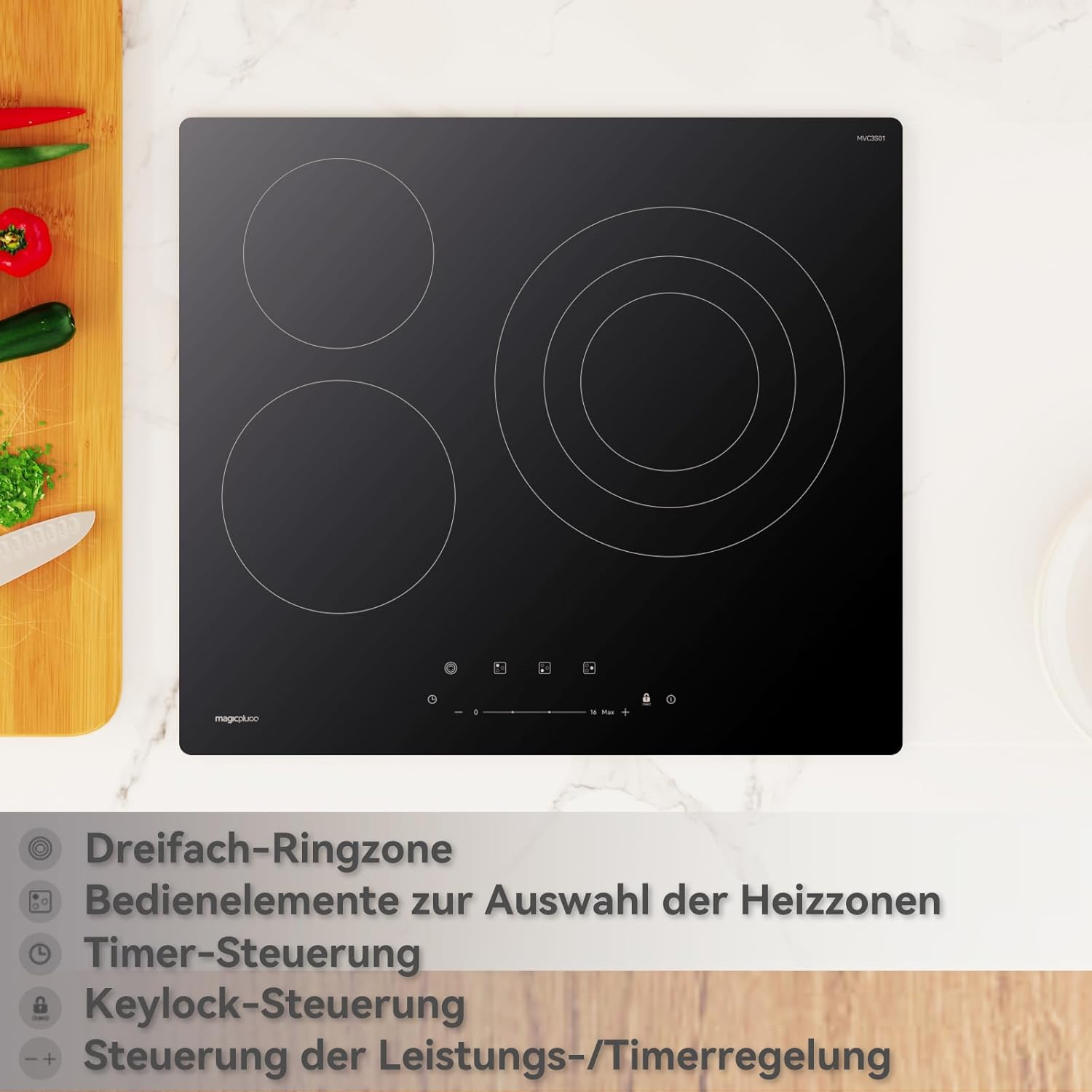 Piano cottura a induzione magicplux 60 cm, 4 zone di cottura a induzione con due zone flessibili, 9 livelli di potenza e funzione booster, timer 1-99 minuti, 7200 W