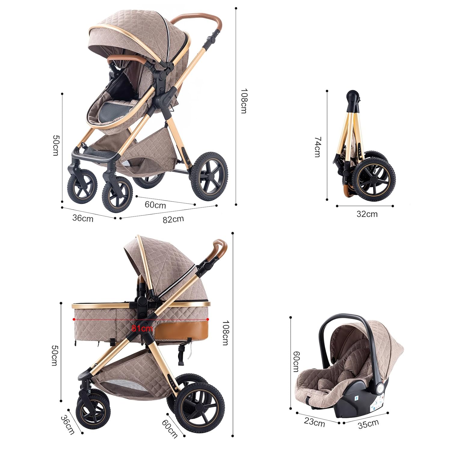 Shineey kinderwagen 3 in 1 Buggy Babybett Komplett Set Einem Klick Zusammenklappbarer Kinderwagen, 3 in 1 KombiKinderwagen Aluminiumrahmen für Neugeborene