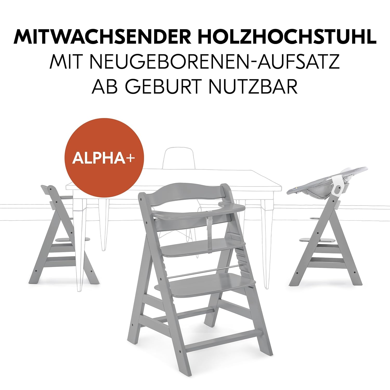 hauck Hochstuhl Alpha Plus Newborn Set mit 2in1 Bouncer - Mitwachsender Holz Babyhochstuhl ab Geburt, inkl. Sitzauflage & Neugeborenenaufsatz - Dark Grey
