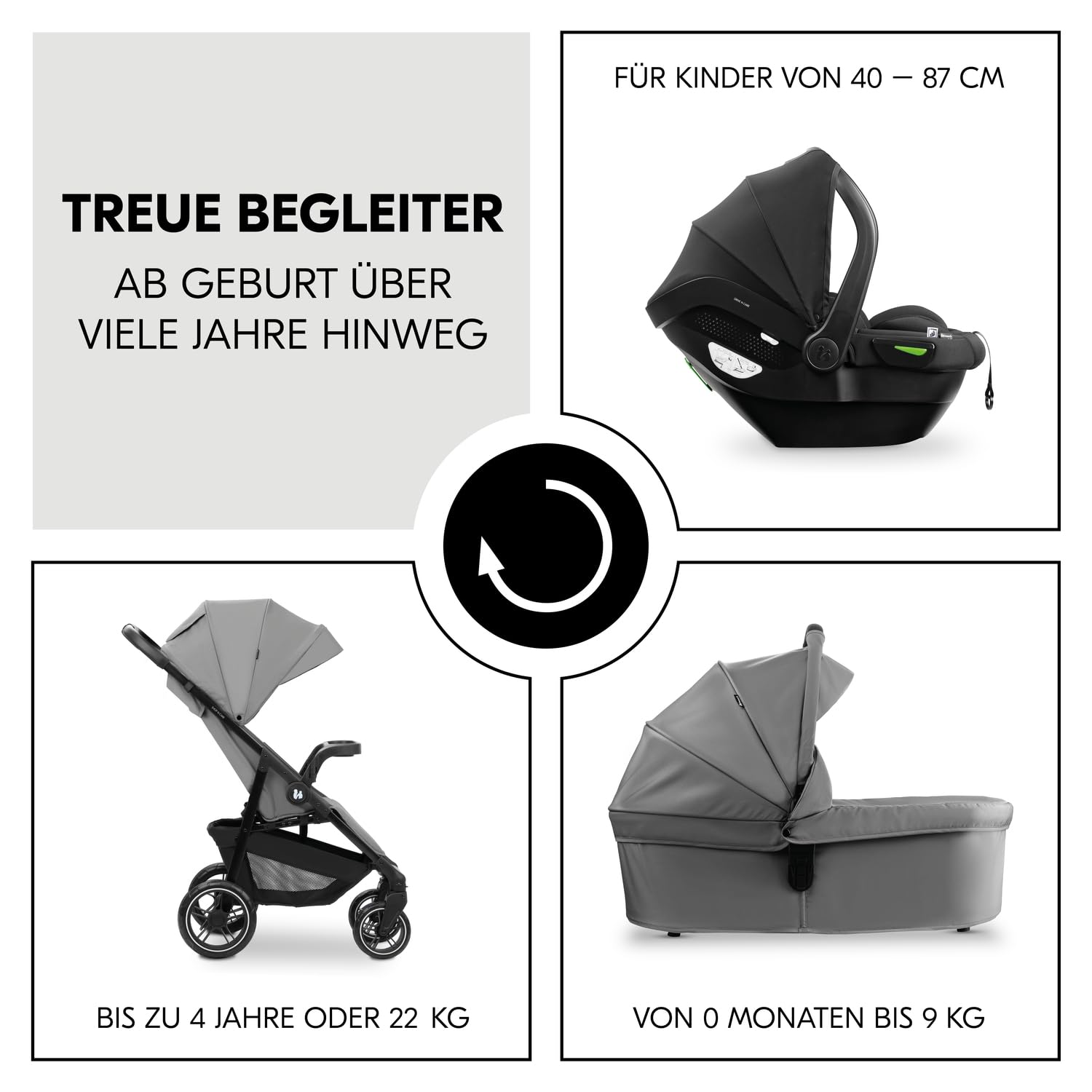 hauck Set Trio 3in1 Shop N Care con Passeggino, Navicella, Seggiolino Auto dalla nascita fino a 22 kg, Chiusura Compatta, Reclinabile, Portabicchieri & Vassoio, Protezione UV 50+ (Grey)