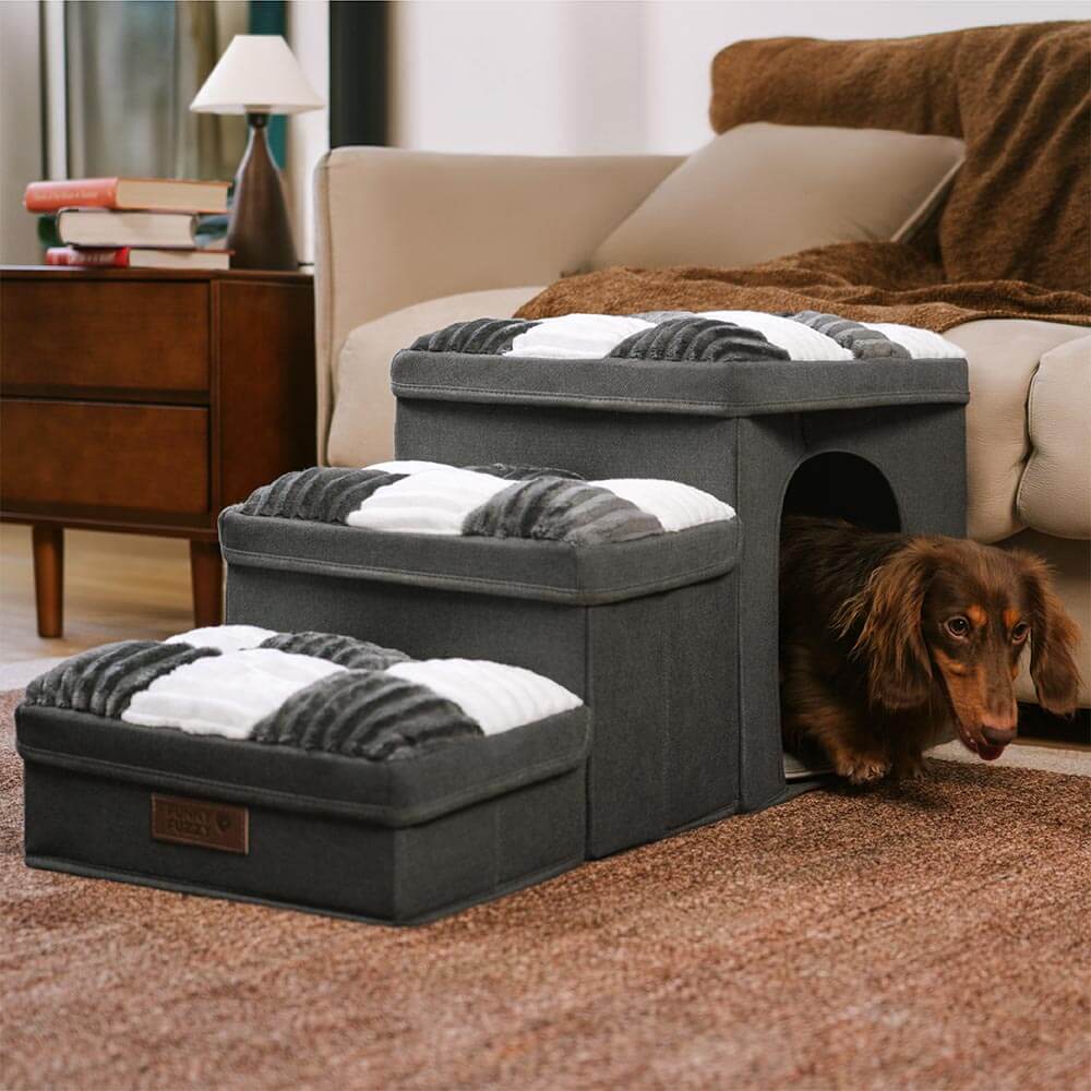 Scaletta multifunzionale per cani con vano portaoggetti e accogliente cuccia - Napsteps