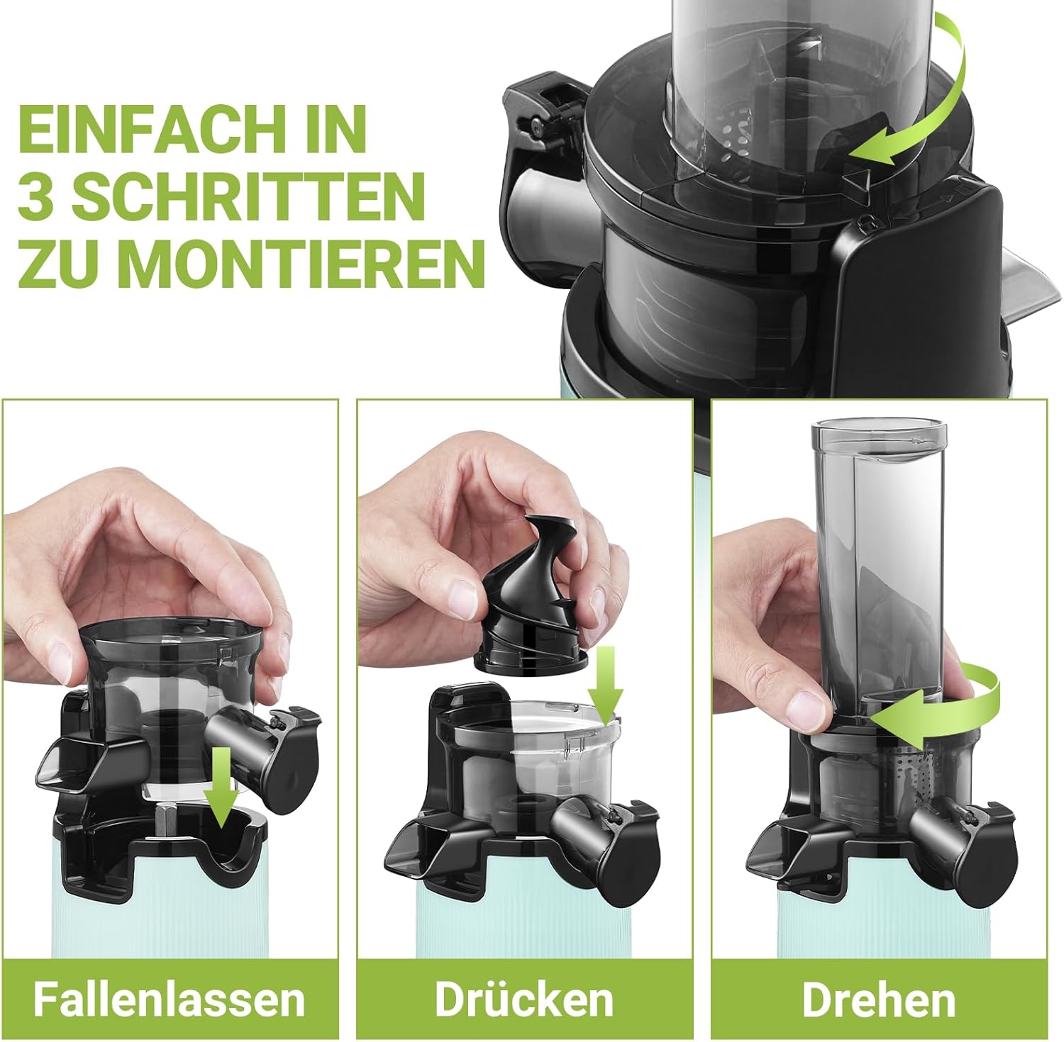 AOBOSI - Mini centrifuga a freddo con funzione masticazione inversa, spremiagrumi elettrico con spazzola e 2 tazze, multifunzione per frutta (nero, 45 mm)